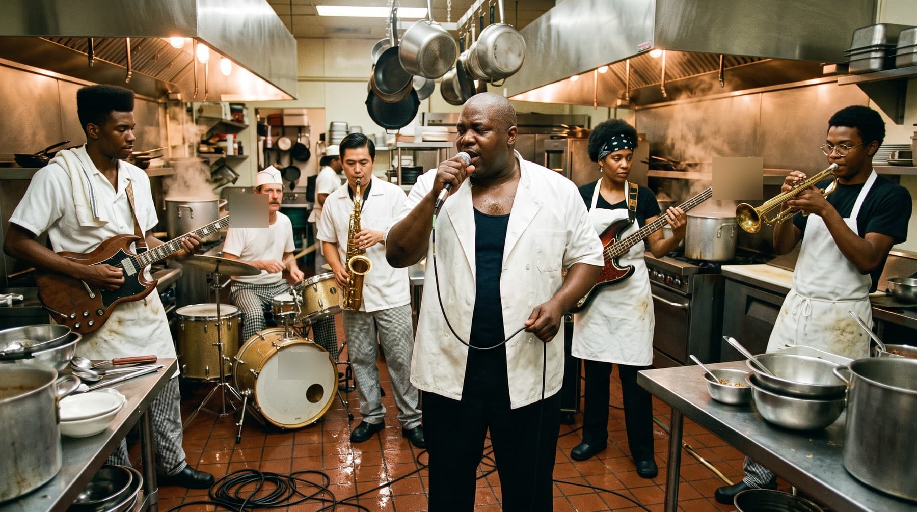 Six cooks in kitchen whites playing guitar, drums, saxophone, bass and trumpet around a singer in a restaurant kitchen, steam rising from the stockpots