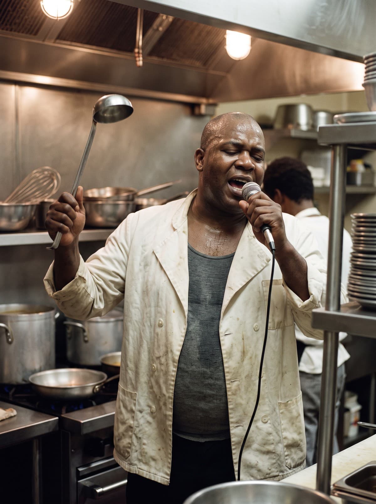 A heavyset bald man in an open chef's jacket singing into a microphone, a ladle raised in his other hand