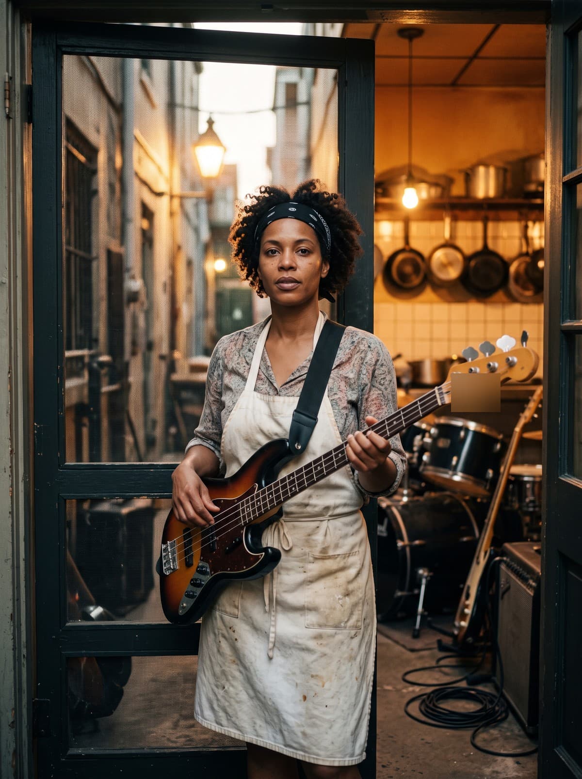 A woman in a bandana and apron holding a sunburst bass guitar in the screen door of a restaurant kitchen